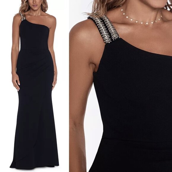 NWT XSCAPE Rhinestone-Strap One-Shoulder Gown in Black Sz. 14P - Picture 1 of 4